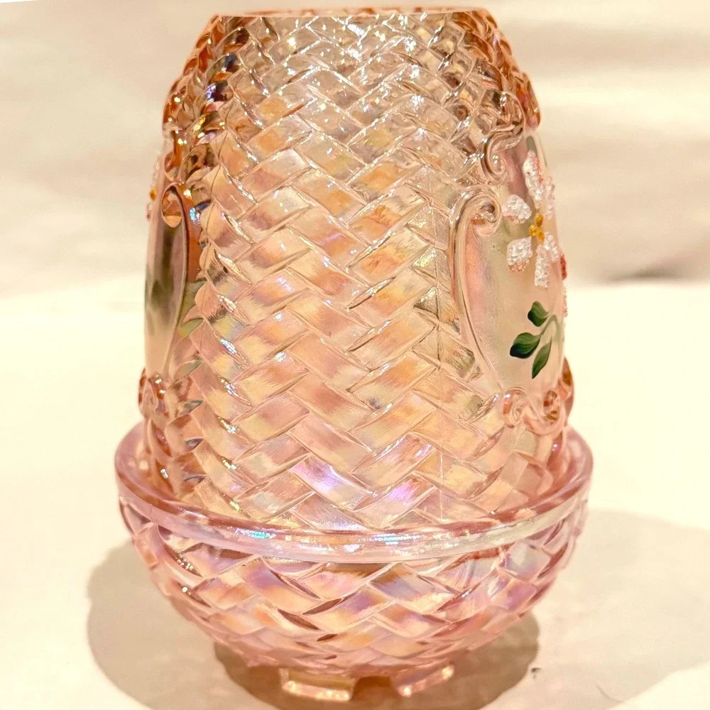 Fenton Champagne Basketweave Fairy Lamp Hand Painted Signed Sharon Fisher
